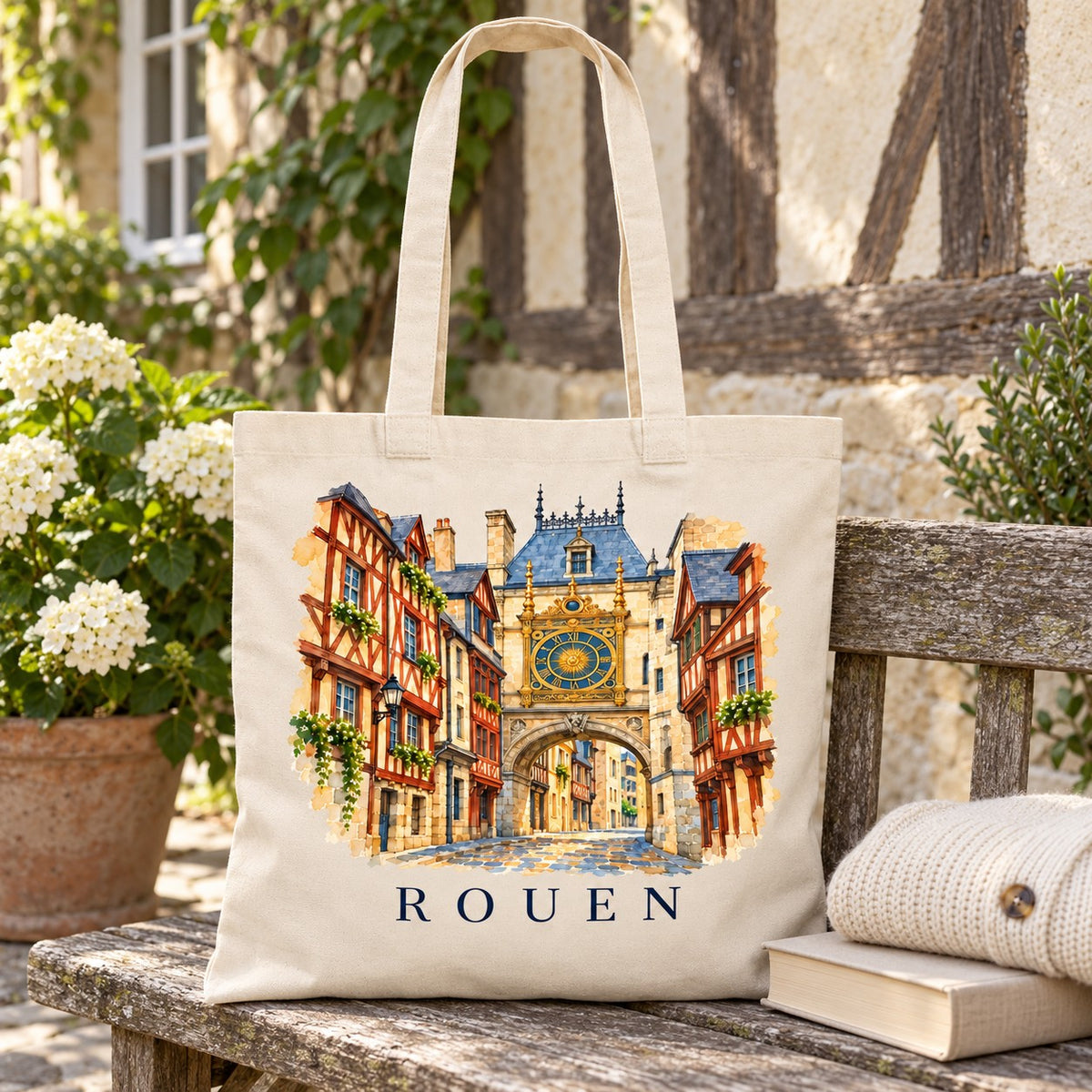 Tote bag Rouen Essentiel posé sur un banc devant une maison à colombages, avec un livre