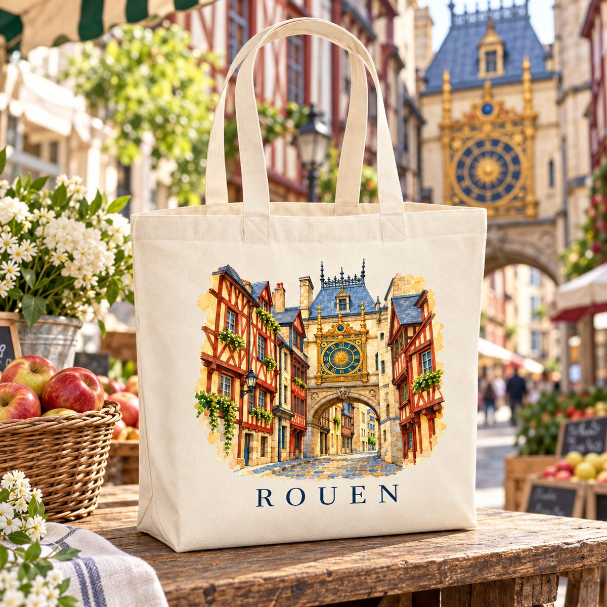 Tote bag Rouen Premium posé sur un étal avec des pommes et des fleurs