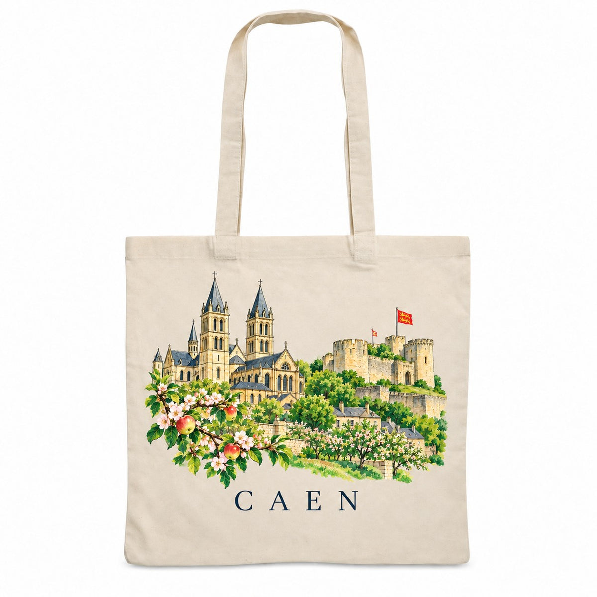 Tote bag Caen Essentiel, sac plat en coton naturel 140 g/m² de 38 × 42 cm, illustration aquarelle de l'abbaye aux Hommes, du château et des pommiers en fleurs