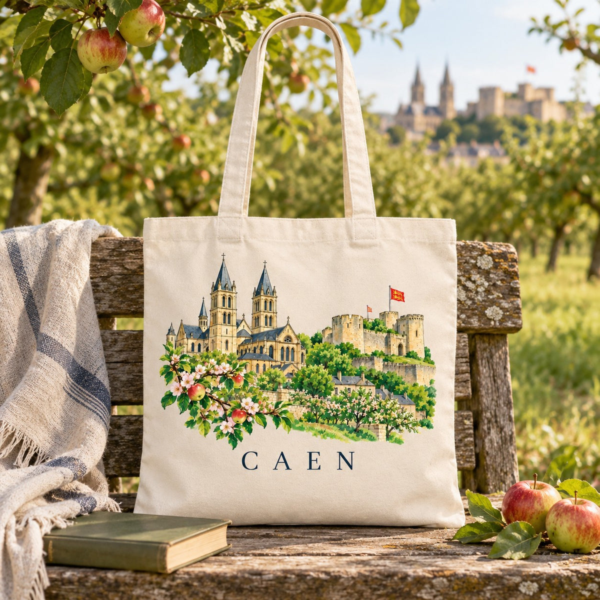 Tote bag Caen Essentiel posé sur un banc dans un verger, avec un livre et un plaid