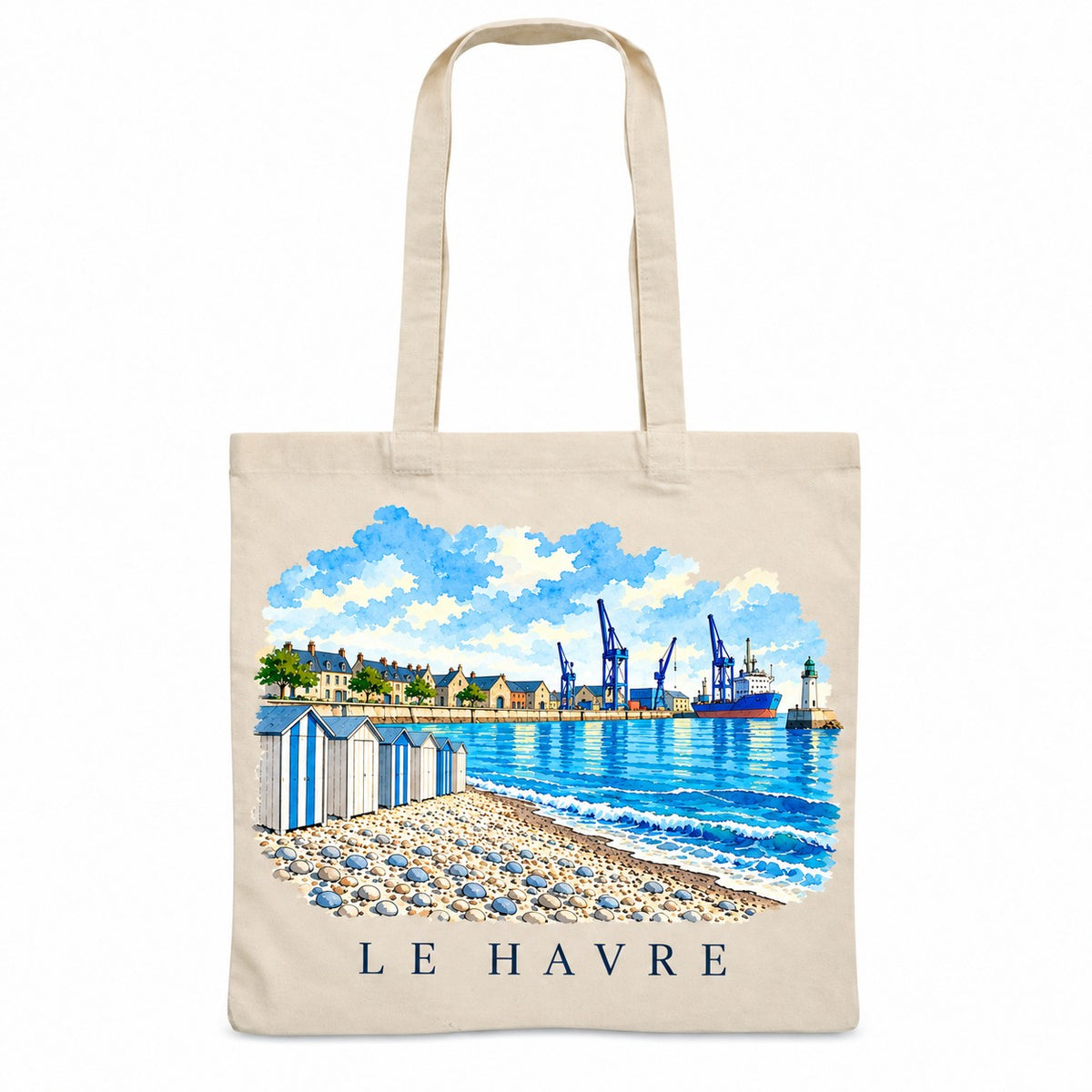 Tote bag Le Havre Essentiel, sac plat en coton naturel 140 g/m² de 38 × 42 cm, illustration aquarelle du port, de la plage de galets et des cabines