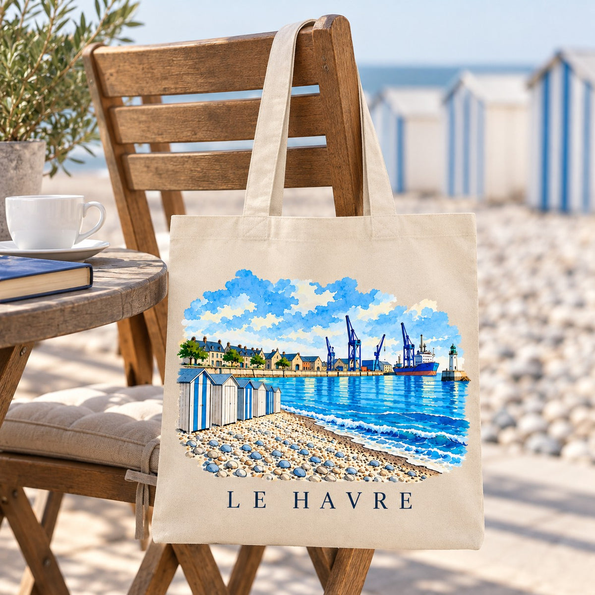 Tote bag Le Havre Essentiel suspendu à une chaise en terrasse face aux cabines de plage, avec un café