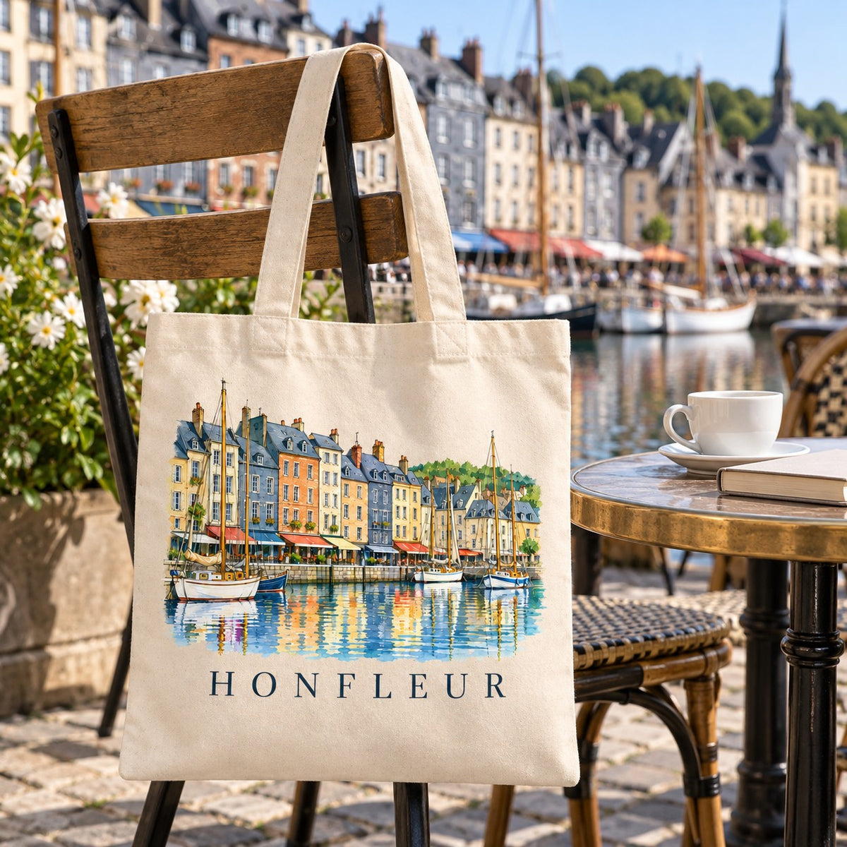 Tote bag Honfleur Essentiel suspendu à une chaise en terrasse face au Vieux Bassin, avec un café
