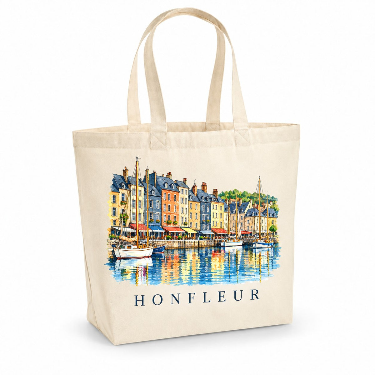 Tote bag Honfleur Premium, cabas à soufflet en coton naturel 200 g/m² de 18 litres, illustration aquarelle du Vieux Bassin, de ses hautes maisons et des voiliers