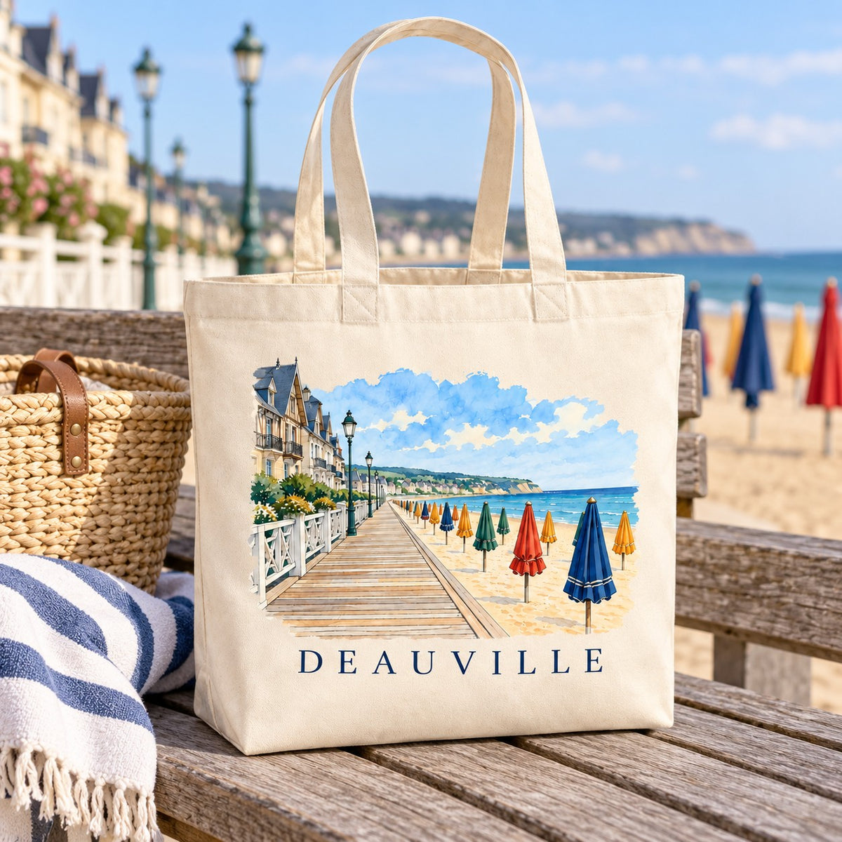 Tote bag Deauville Premium posé sur une table face à la plage, avec un panier