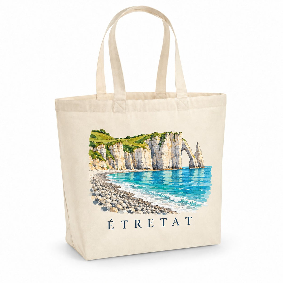 Tote bag Étretat Premium, cabas à soufflet en coton naturel 200 g/m² de 18 litres, illustration aquarelle des falaises, de l'arche de la Porte d'Aval et de la plage de galets