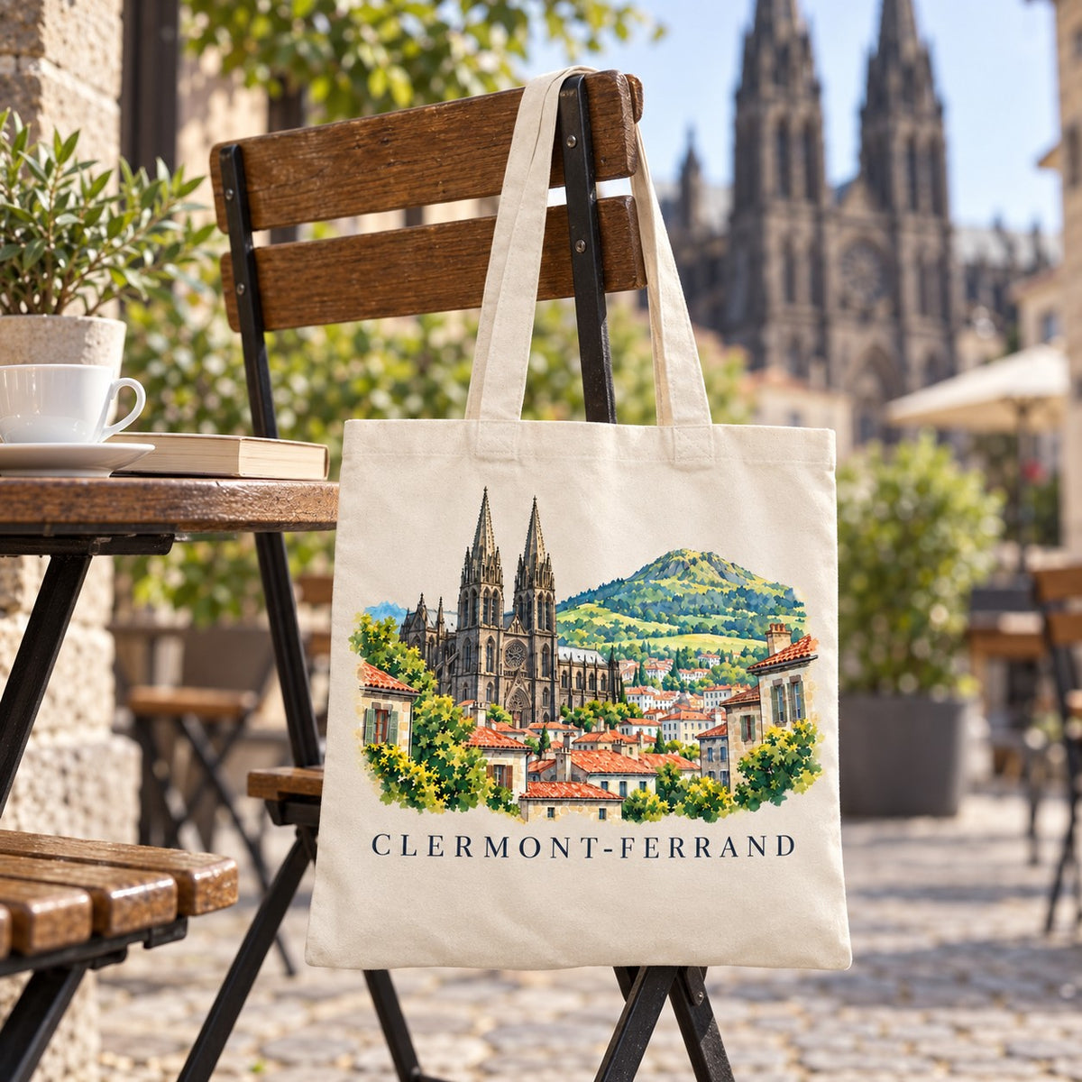Tote bag Clermont-Ferrand Essentiel suspendu à une chaise en terrasse face à la cathédrale, avec un café