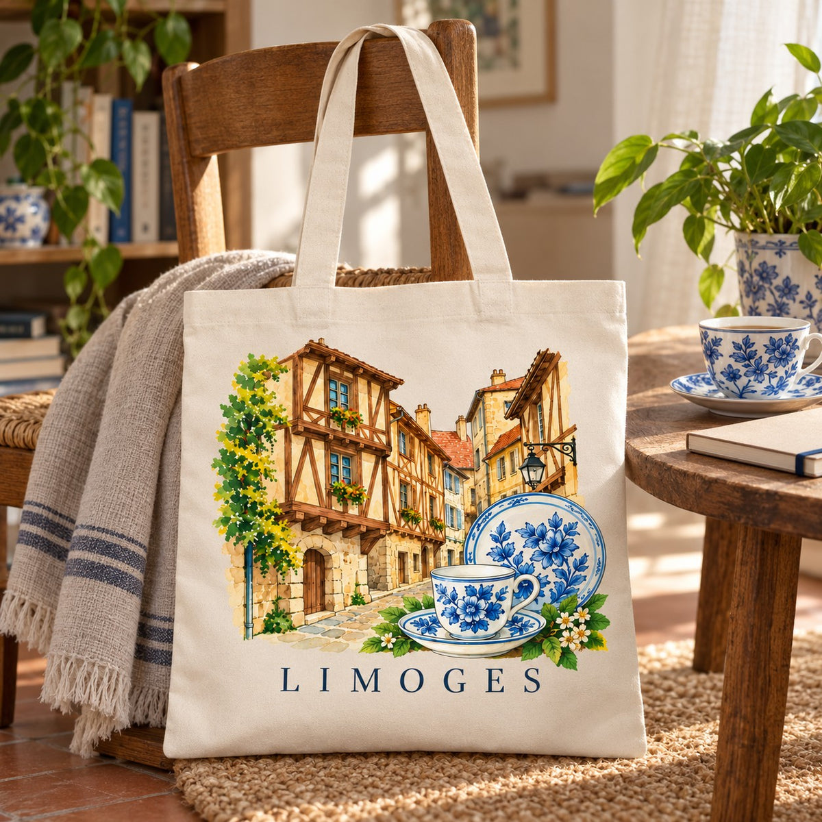 Tote bag Limoges Essentiel posé sur une chaise dans un intérieur, avec une tasse de porcelaine
