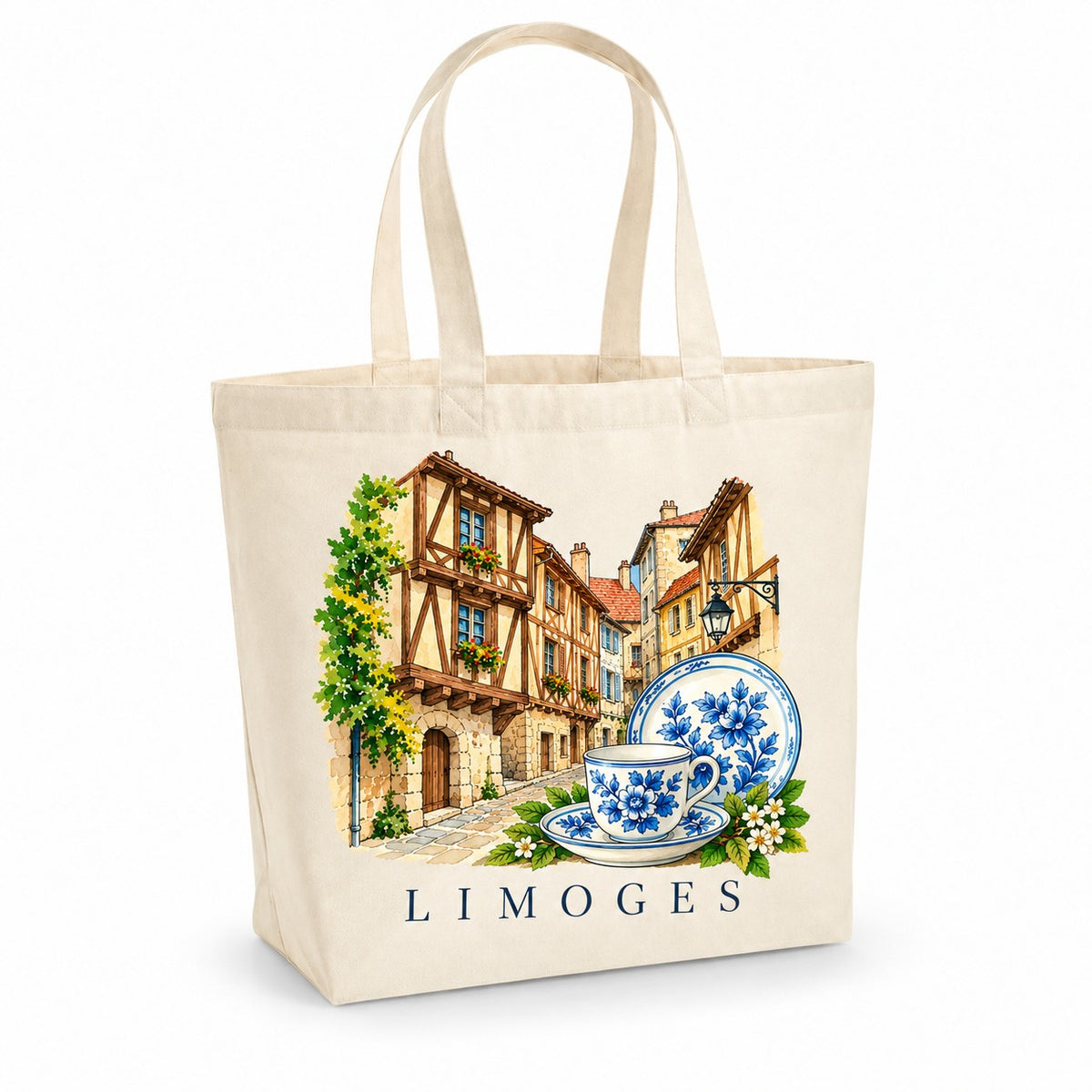 Tote bag Limoges Premium, cabas à soufflet en coton naturel 200 g/m² de 18 litres, illustration aquarelle des maisons à colombages et de la porcelaine bleue
