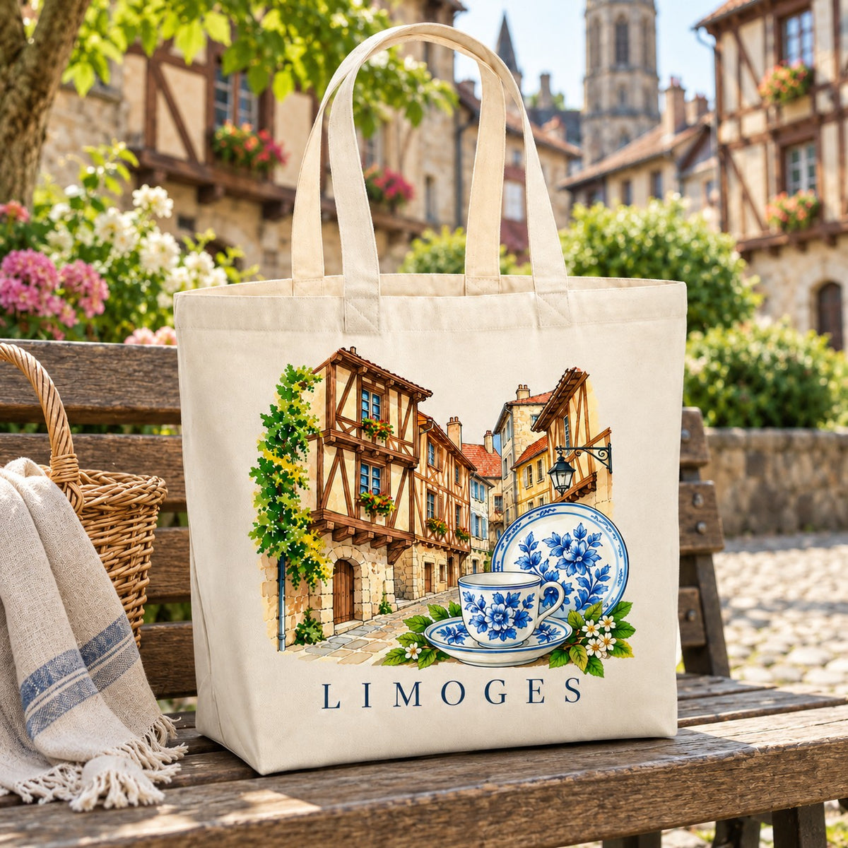 Tote bag Limoges Premium posé sur un banc devant des maisons à colombages