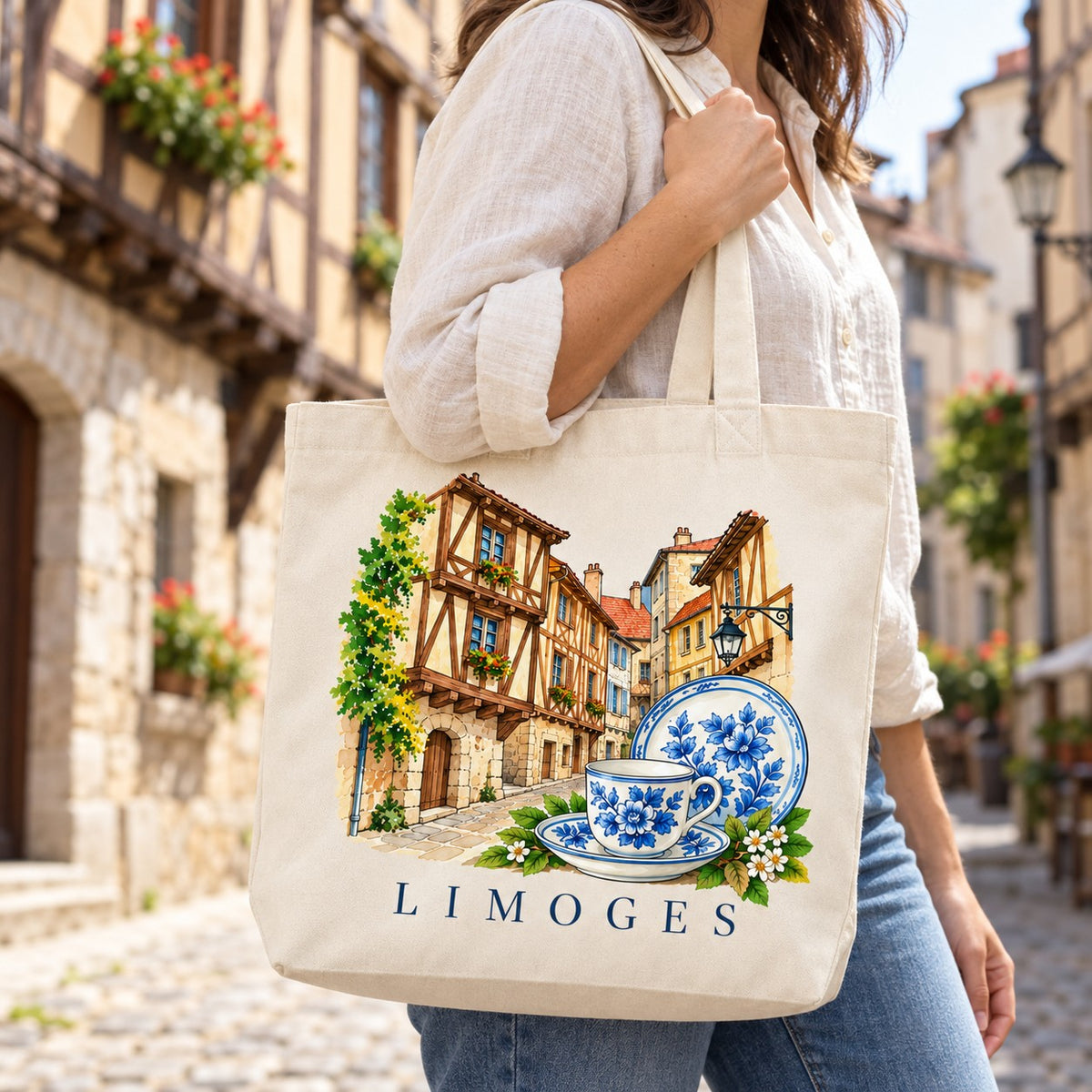 Tote bag Limoges Premium porté à l'épaule dans une rue pavée bordée de maisons à colombages