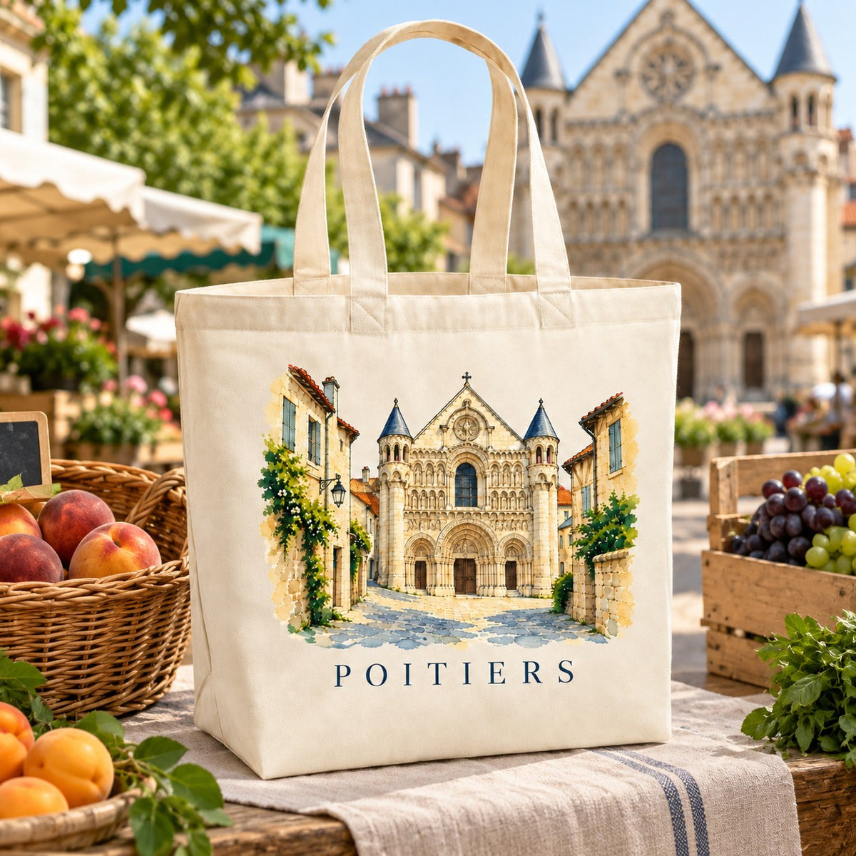 Tote bag Poitiers Premium posé sur un étal de marché avec des fruits et des raisins