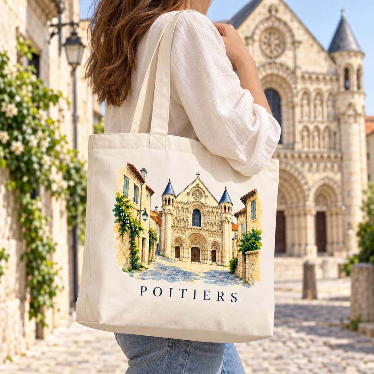 Tote bag Poitiers Premium porté à l'épaule dans une ruelle, Notre-Dame-la-Grande en arrière-plan
