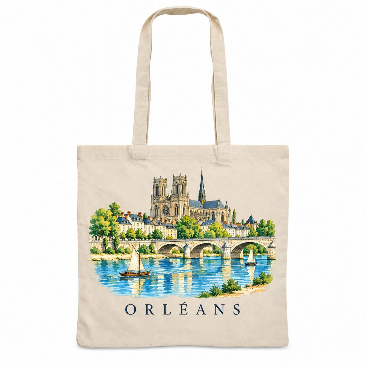 Tote bag Orléans Essentiel, sac plat en coton naturel 140 g/m² de 38 × 42 cm, illustration aquarelle de la cathédrale Sainte-Croix, de la Loire et de son pont