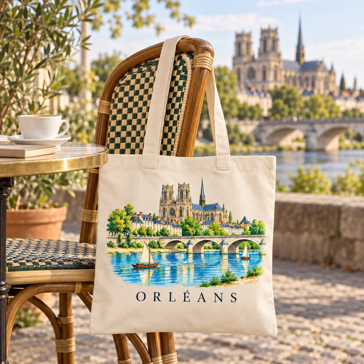 Tote bag Orléans Essentiel suspendu à une chaise en terrasse face à la Loire, avec un café