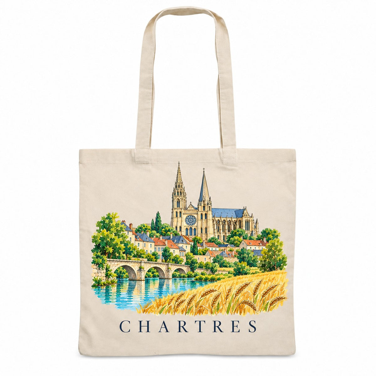 Tote bag Chartres Essentiel, sac plat en coton naturel 140 g/m² de 38 × 42 cm, illustration aquarelle de la cathédrale aux deux flèches et des champs de blé