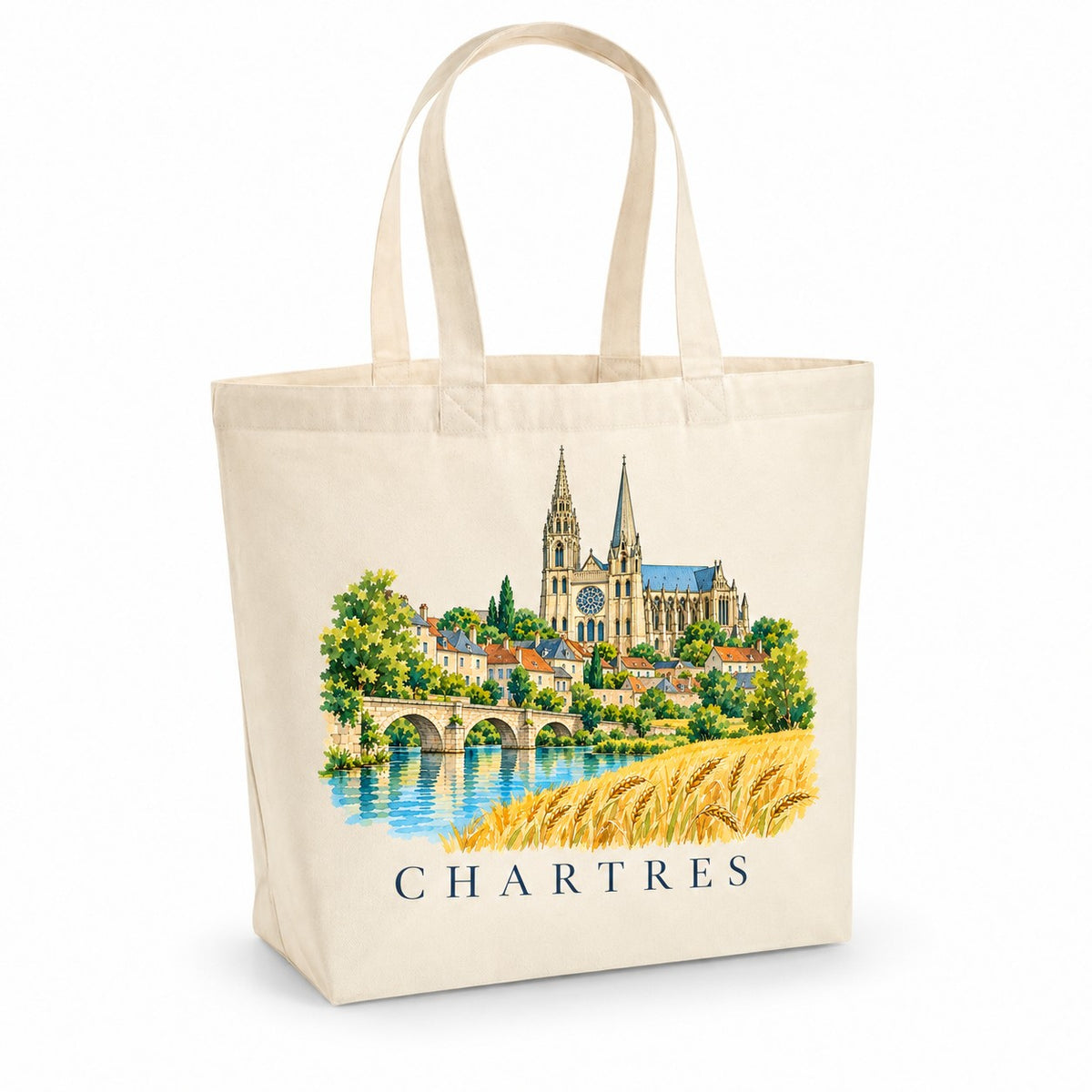 Tote bag Chartres Premium, cabas à soufflet en coton naturel 200 g/m² de 18 litres, illustration aquarelle de la cathédrale aux deux flèches et des champs de blé