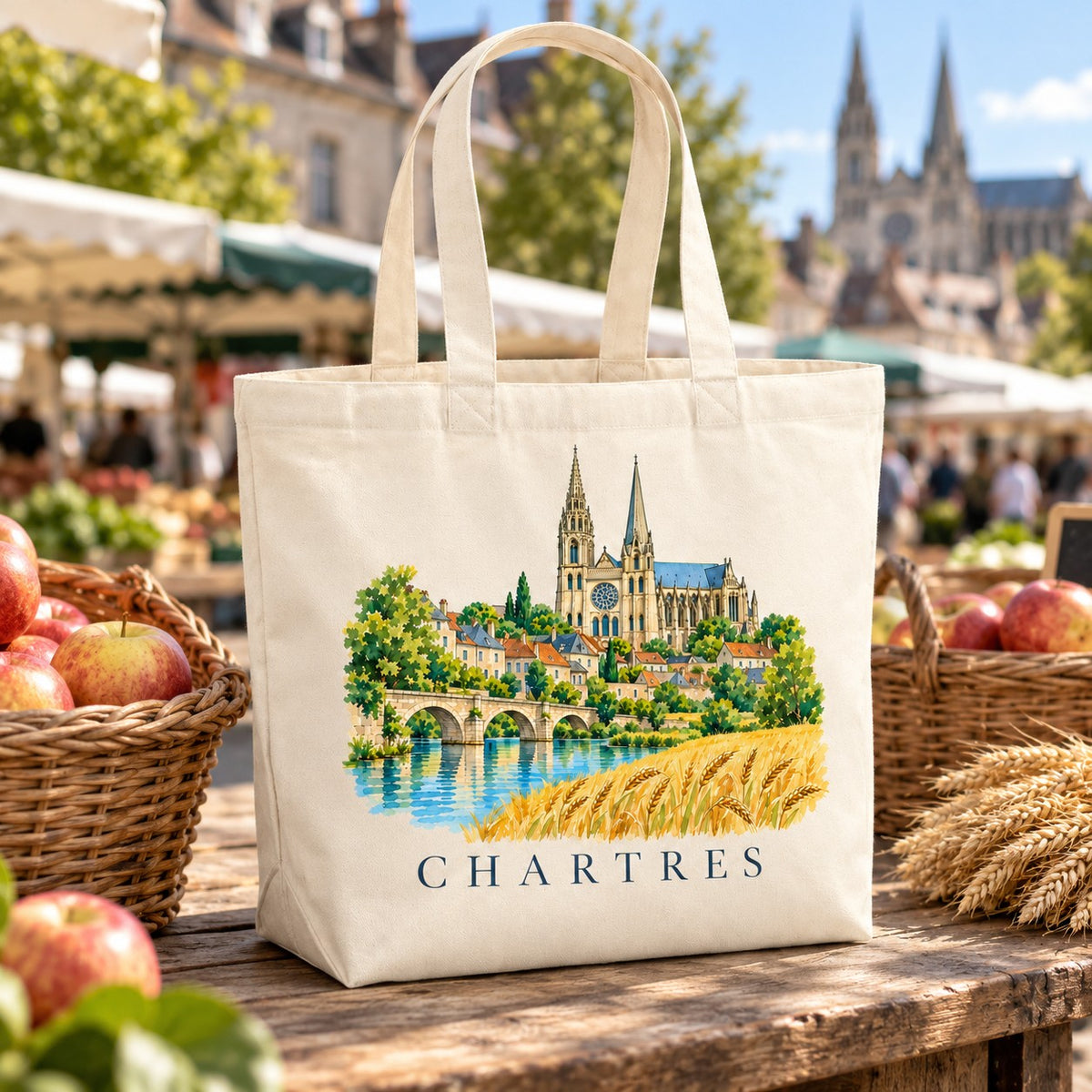 Tote bag Chartres Premium posé sur un étal de marché avec des pommes