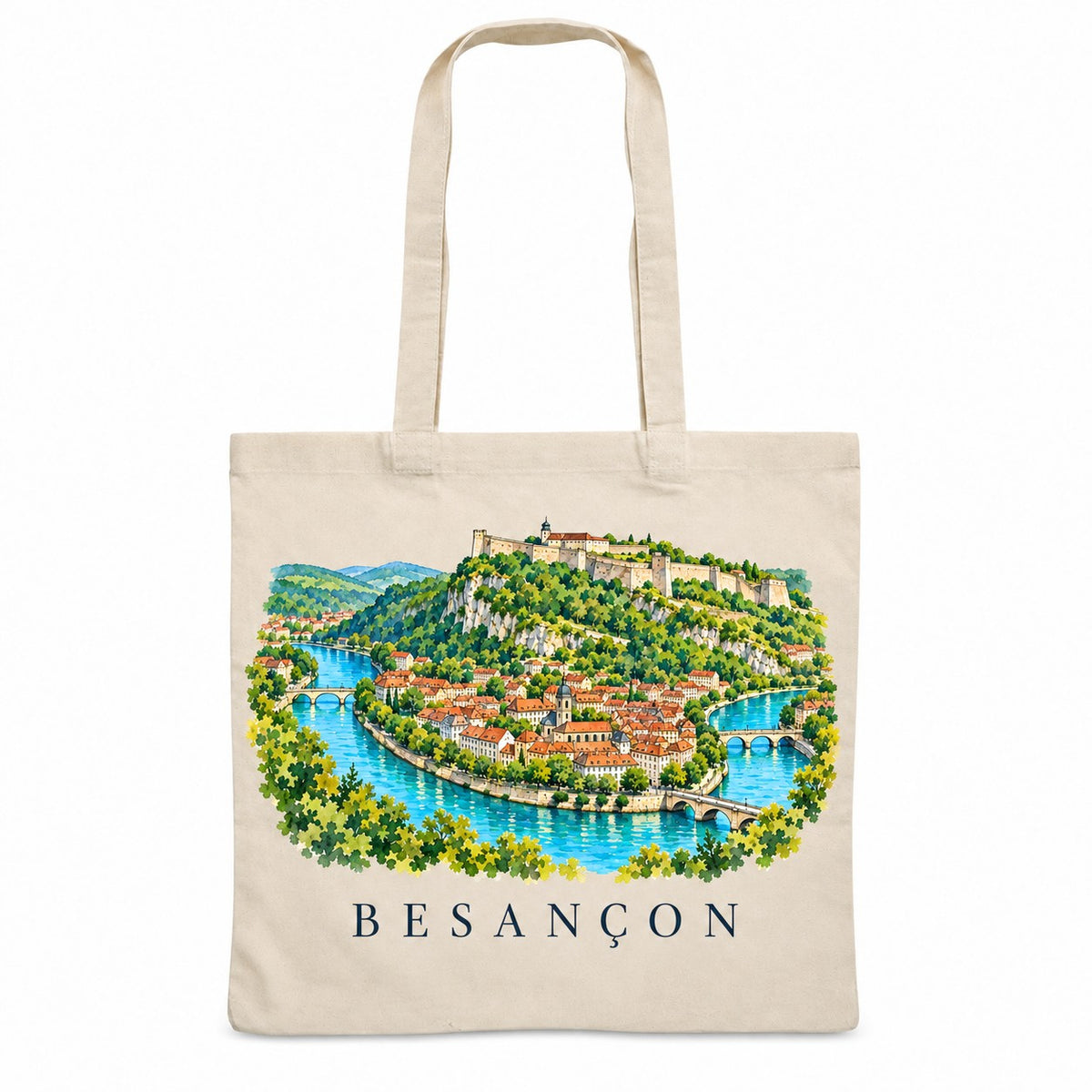 Tote bag Besançon Essentiel, sac plat en coton naturel 140 g/m² de 38 × 42 cm, illustration aquarelle de la citadelle et de la boucle du Doubs
