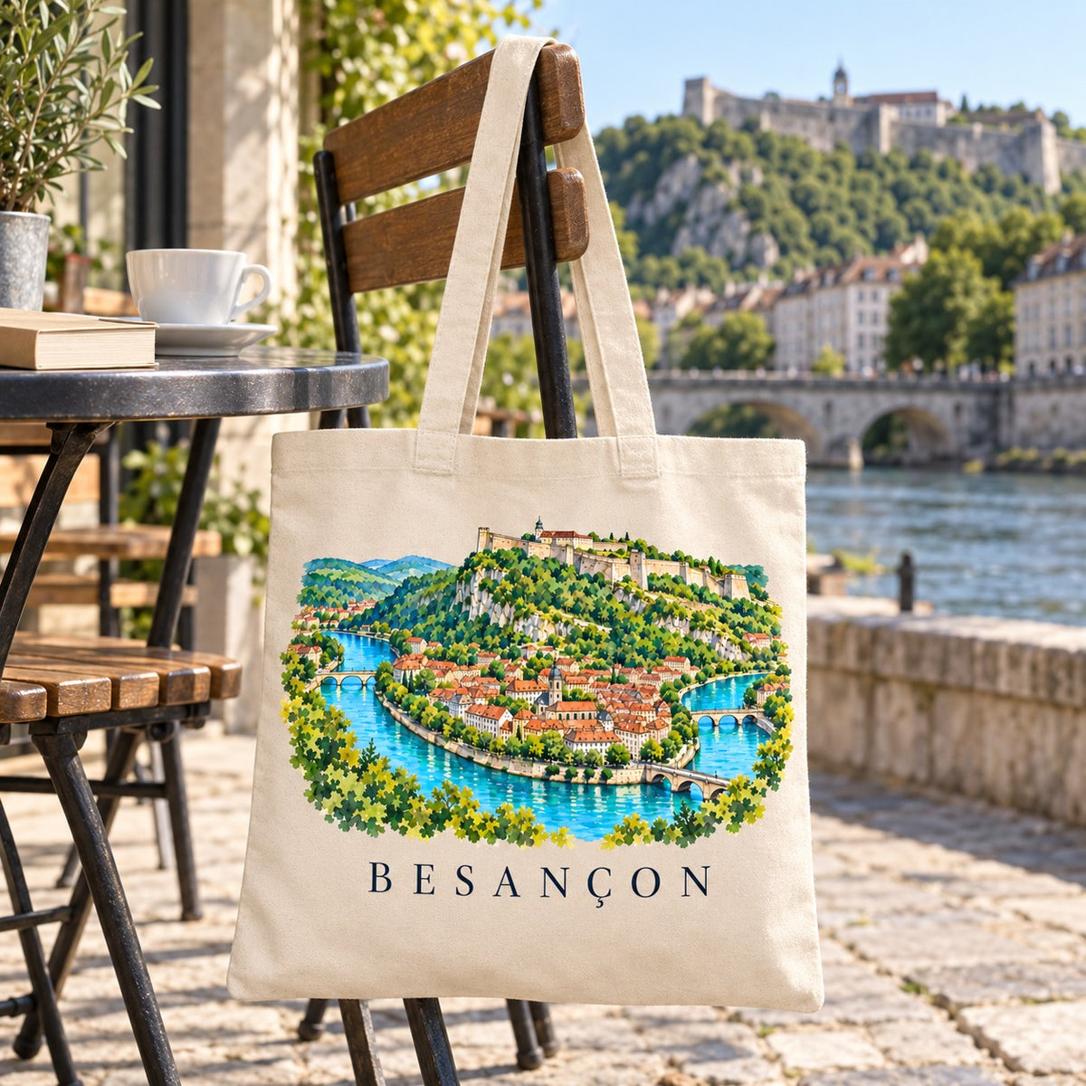 Tote bag Besançon Essentiel suspendu à une chaise en terrasse au bord du Doubs, avec un café