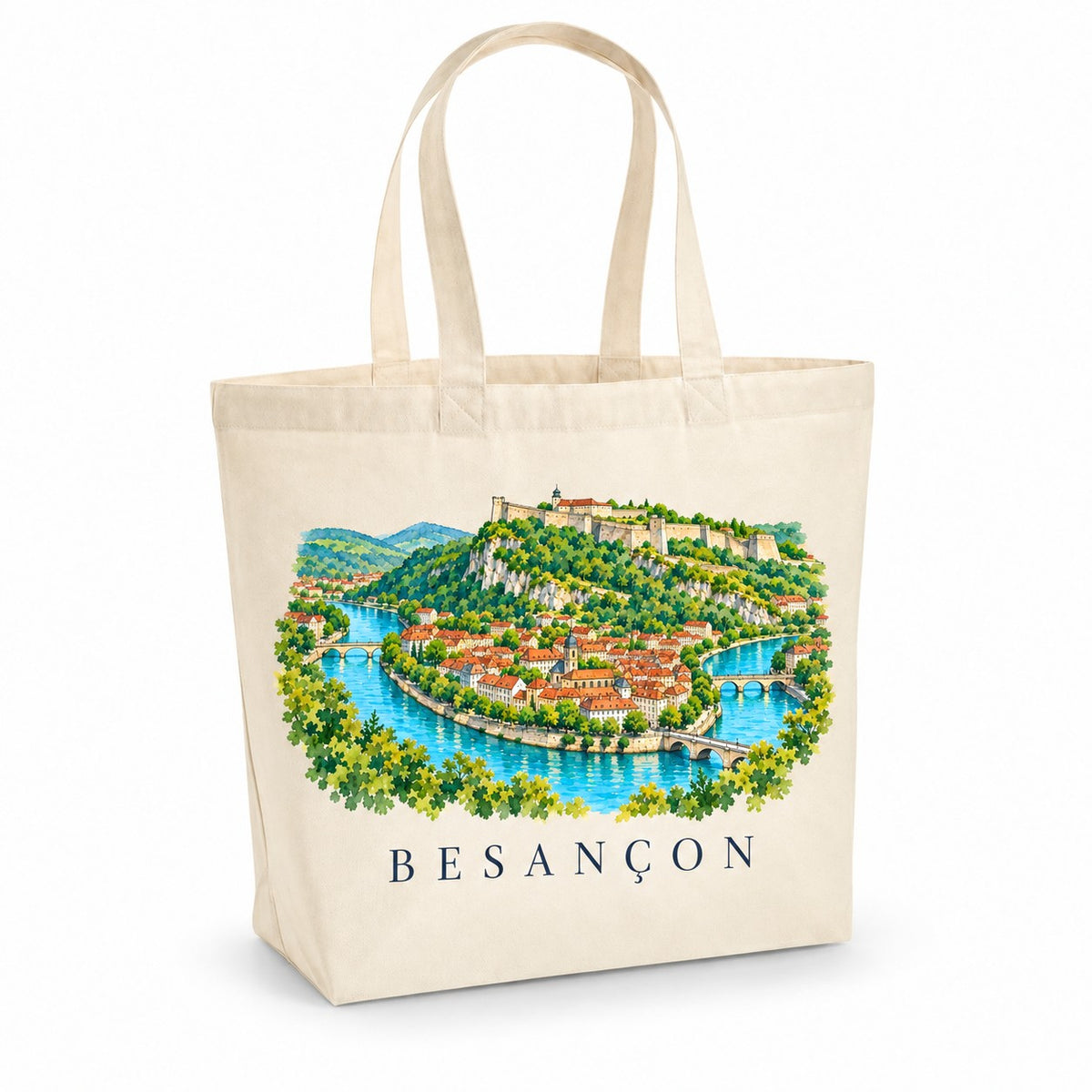 Tote bag Besançon Premium, cabas à soufflet en coton naturel 200 g/m² de 18 litres, illustration aquarelle de la citadelle et de la boucle du Doubs