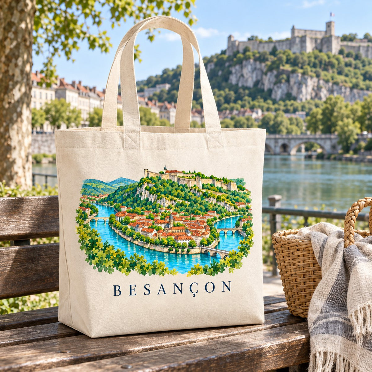 Tote bag Besançon Premium posé sur un banc face à la citadelle, avec un panier et un plaid