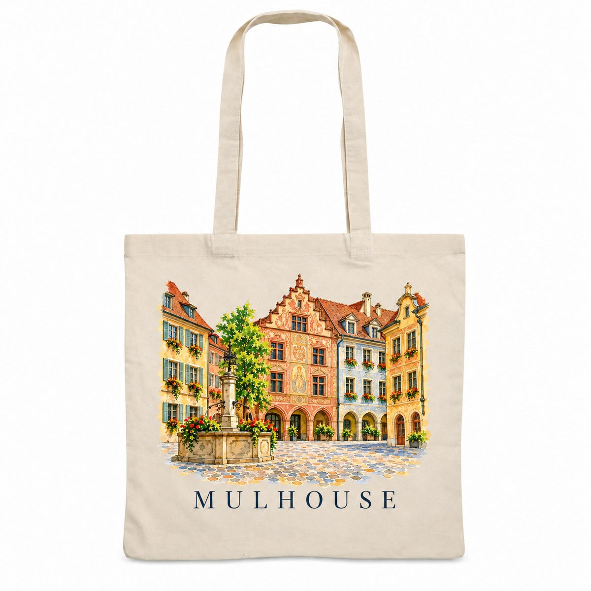 Tote bag Mulhouse Essentiel, sac plat en coton naturel 140 g/m² de 38 × 42 cm, illustration aquarelle des maisons peintes de la place de la Réunion