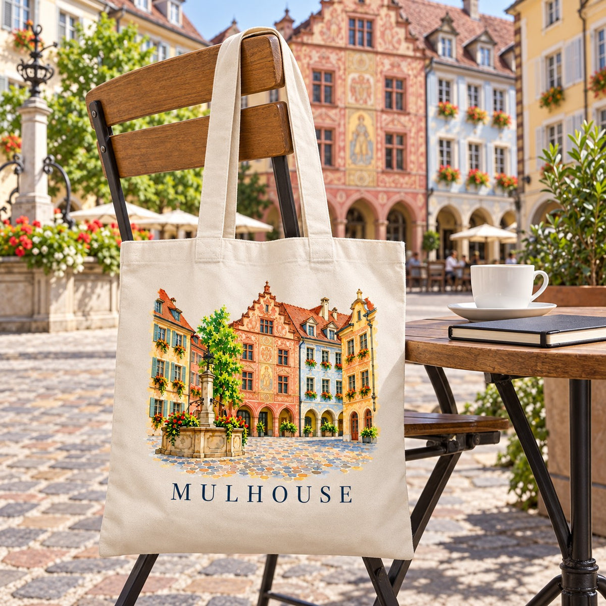 Tote bag Mulhouse Essentiel suspendu à une chaise en terrasse sur la place, avec un café