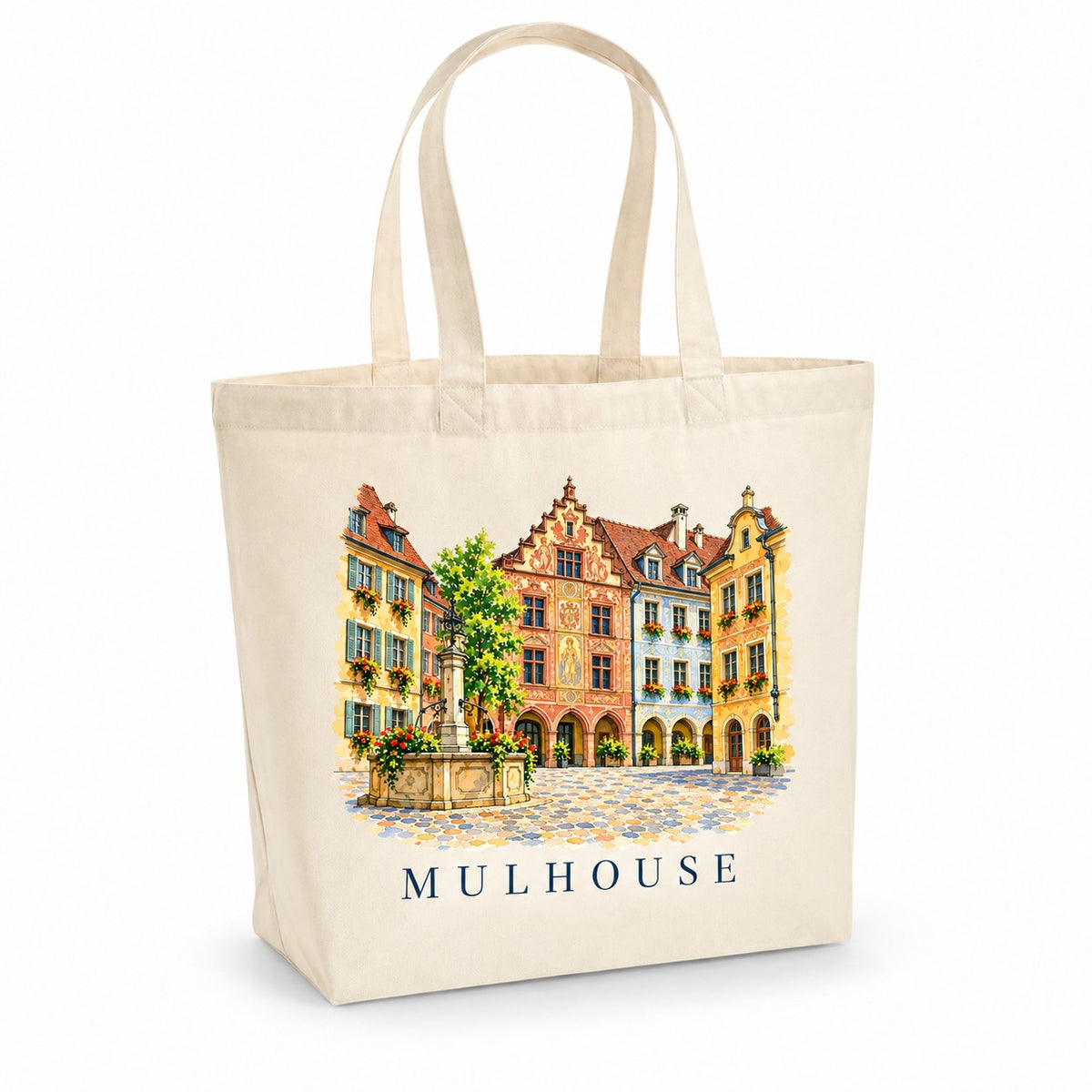 Tote bag Mulhouse Premium, cabas à soufflet en coton naturel 200 g/m² de 18 litres, illustration aquarelle des maisons peintes de la place de la Réunion