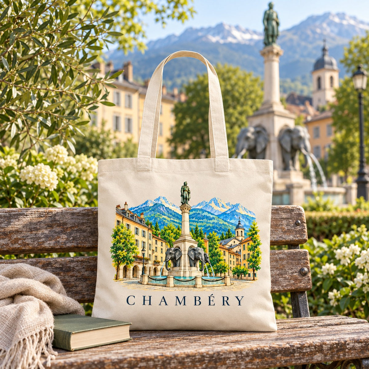 Tote bag Chambéry Essentiel posé sur un banc face à la fontaine, avec un livre et un plaid