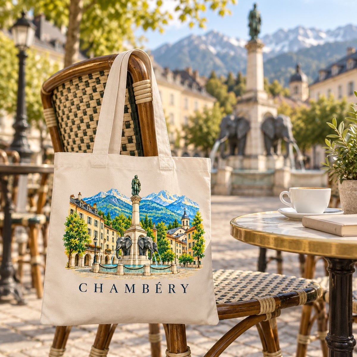 Tote bag Chambéry Essentiel suspendu à une chaise en terrasse face à la fontaine, avec un café