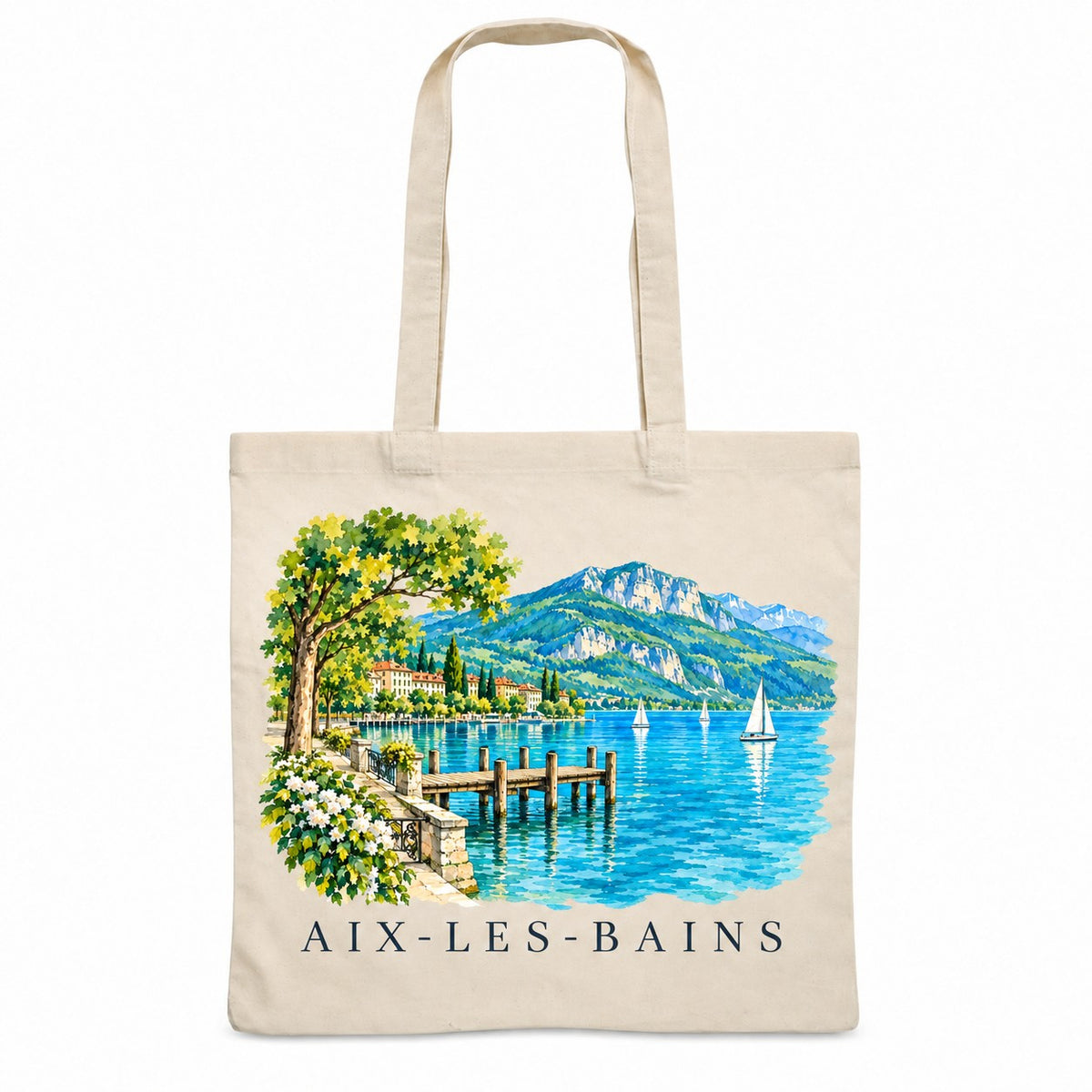 Tote bag Aix-les-Bains Essentiel, sac plat en coton naturel 140 g/m² de 38 × 42 cm, illustration aquarelle du lac du Bourget, de son ponton et des montagnes