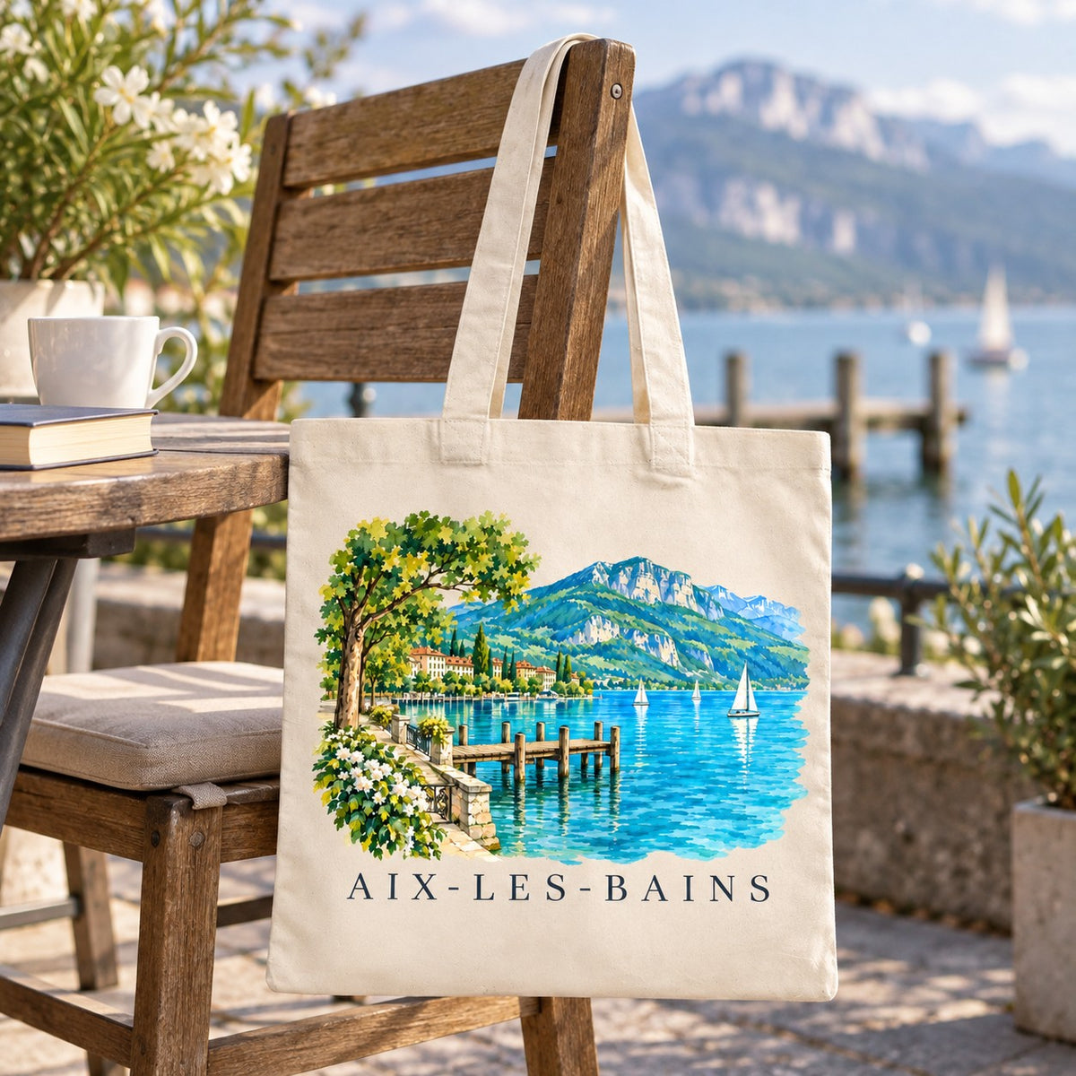Tote bag Aix-les-Bains Essentiel suspendu à une chaise en terrasse face au lac et à un ponton, avec un café