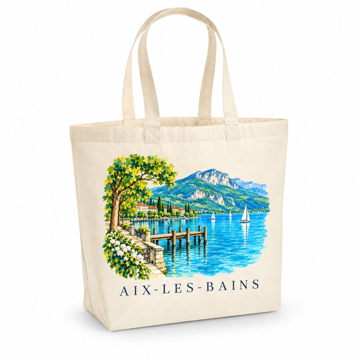 Tote bag Aix-les-Bains Premium, cabas à soufflet en coton naturel 200 g/m² de 18 litres, illustration aquarelle du lac du Bourget, de son ponton et des montagnes