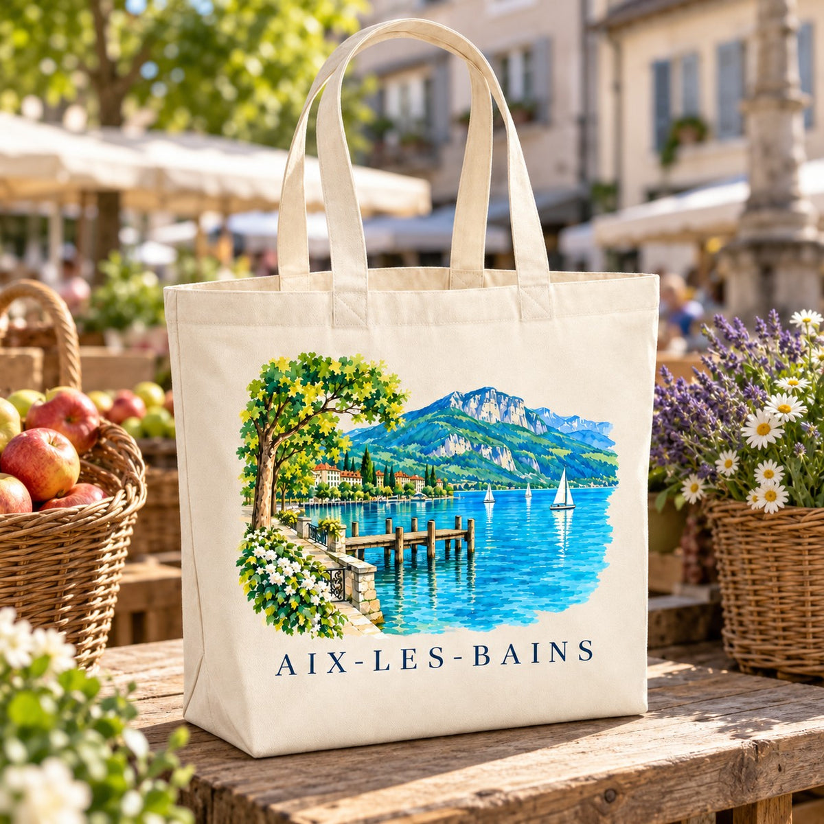 Tote bag Aix-les-Bains Premium posé sur un étal de marché avec des pommes et des fleurs