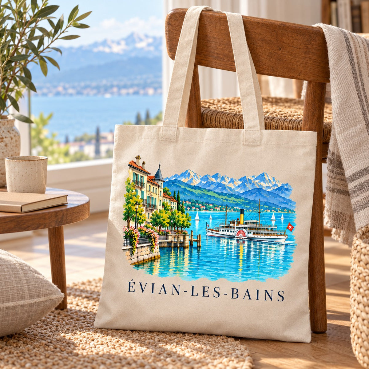 Tote bag Évian-les-Bains Essentiel posé sur une chaise près d'une fenêtre, avec une tasse