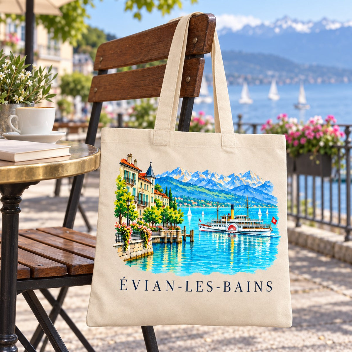 Tote bag Évian-les-Bains Essentiel suspendu à une chaise en terrasse face au lac, avec un café