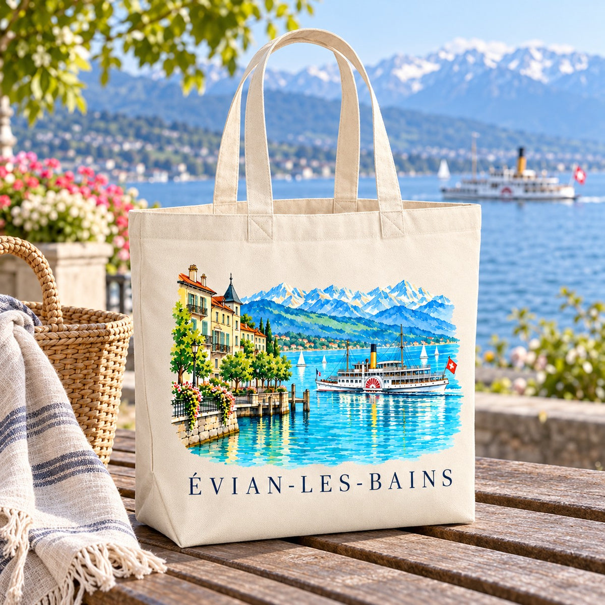 Tote bag Évian-les-Bains Premium posé sur une table face au lac, avec un panier et un plaid