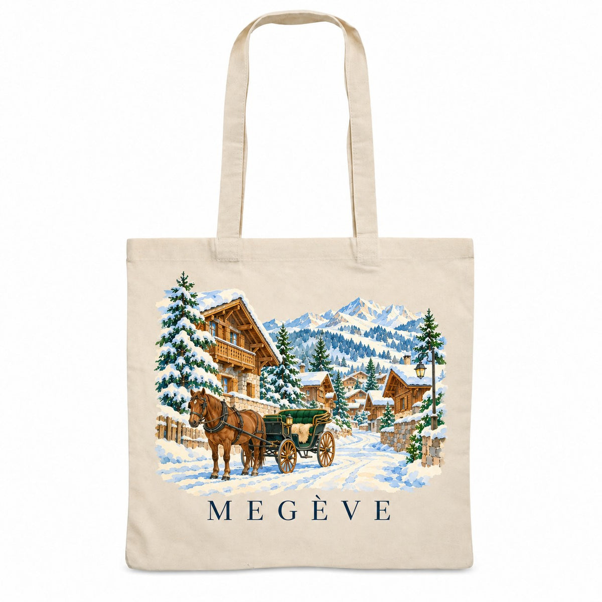 Tote bag Megève Essentiel, sac plat en coton naturel 140 g/m² de 38 × 42 cm, illustration aquarelle des chalets enneigés, des sapins et d'une calèche
