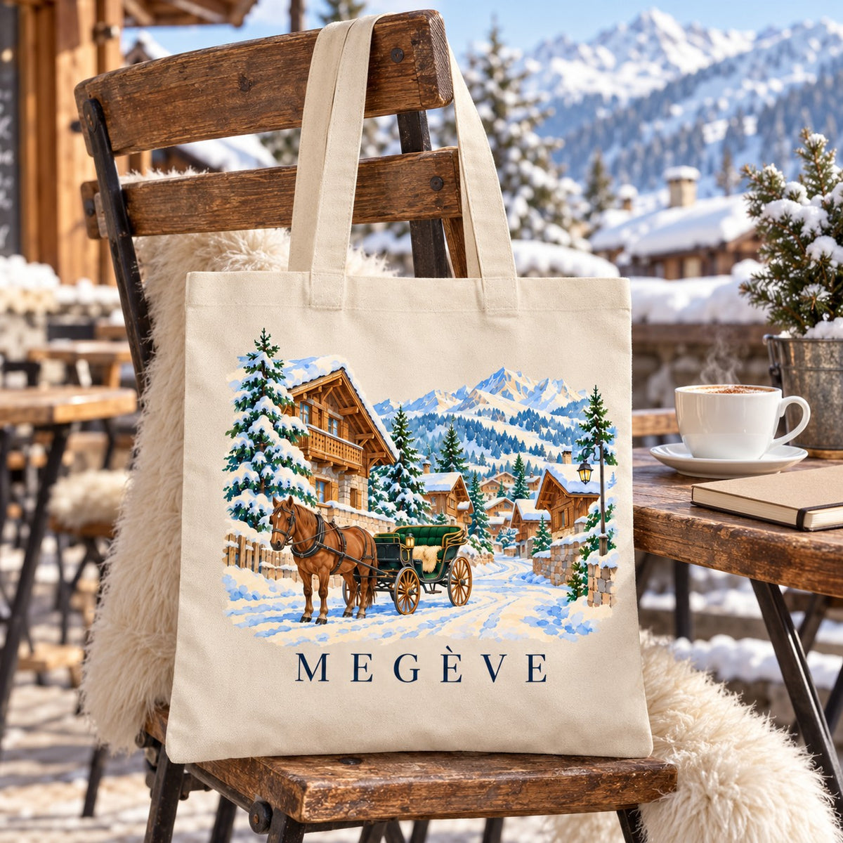 Tote bag Megève Essentiel suspendu à une chaise en terrasse enneigée, avec un café