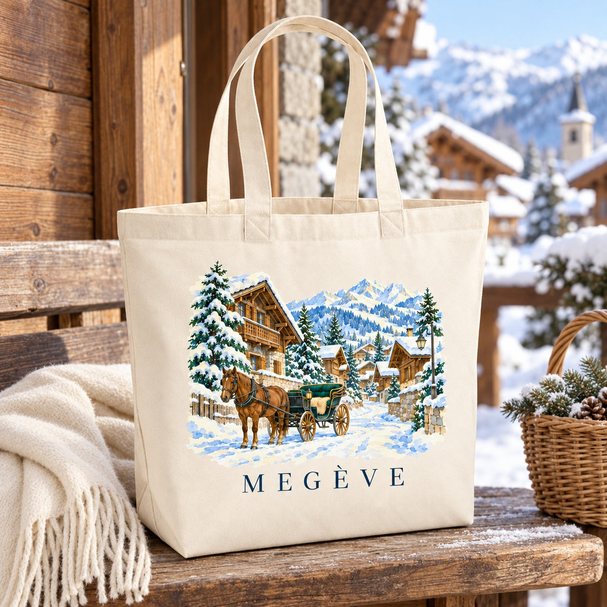 Tote bag Megève Premium posé sur un banc devant un chalet, avec un plaid
