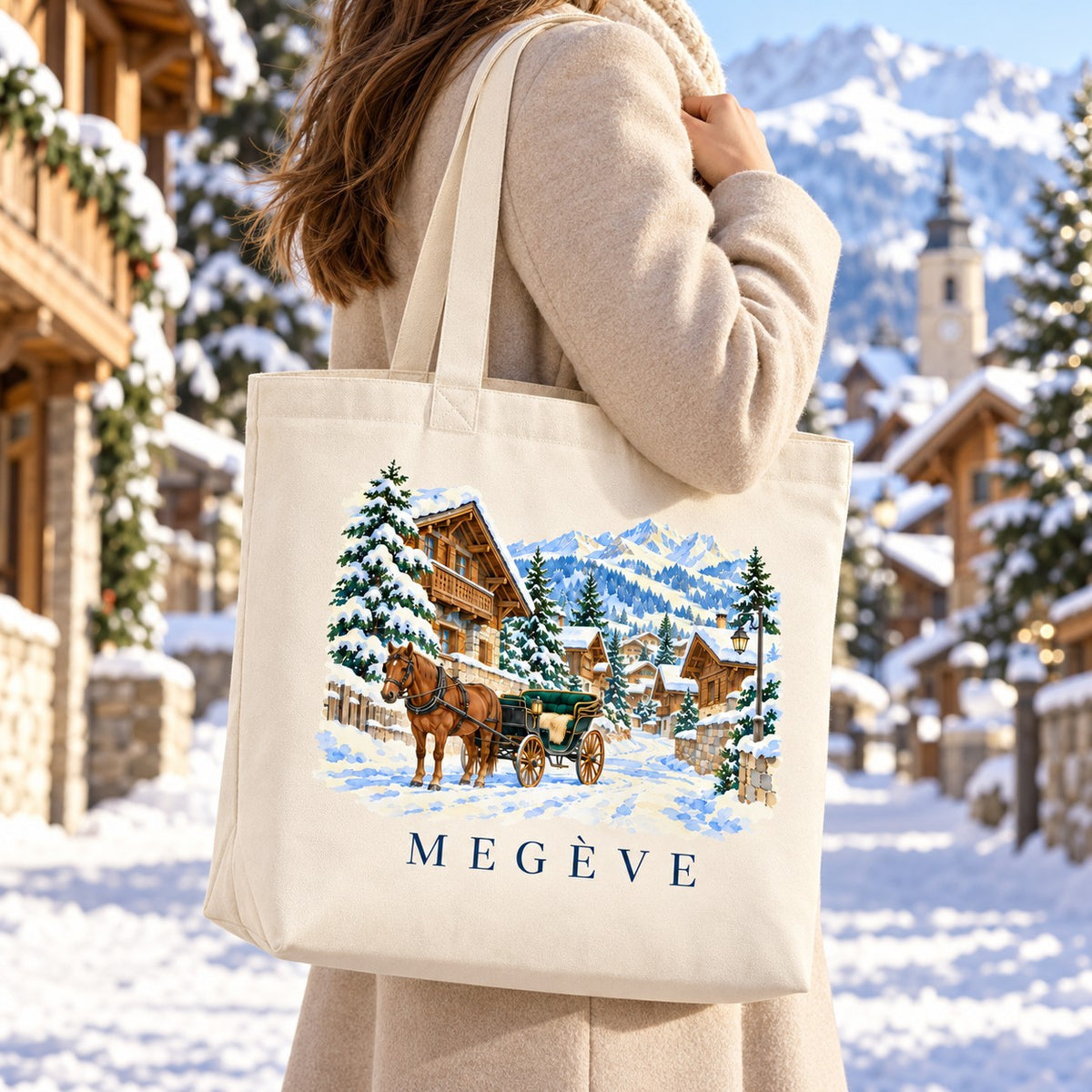 Tote bag Megève Premium porté à l'épaule dans une rue enneigée du village