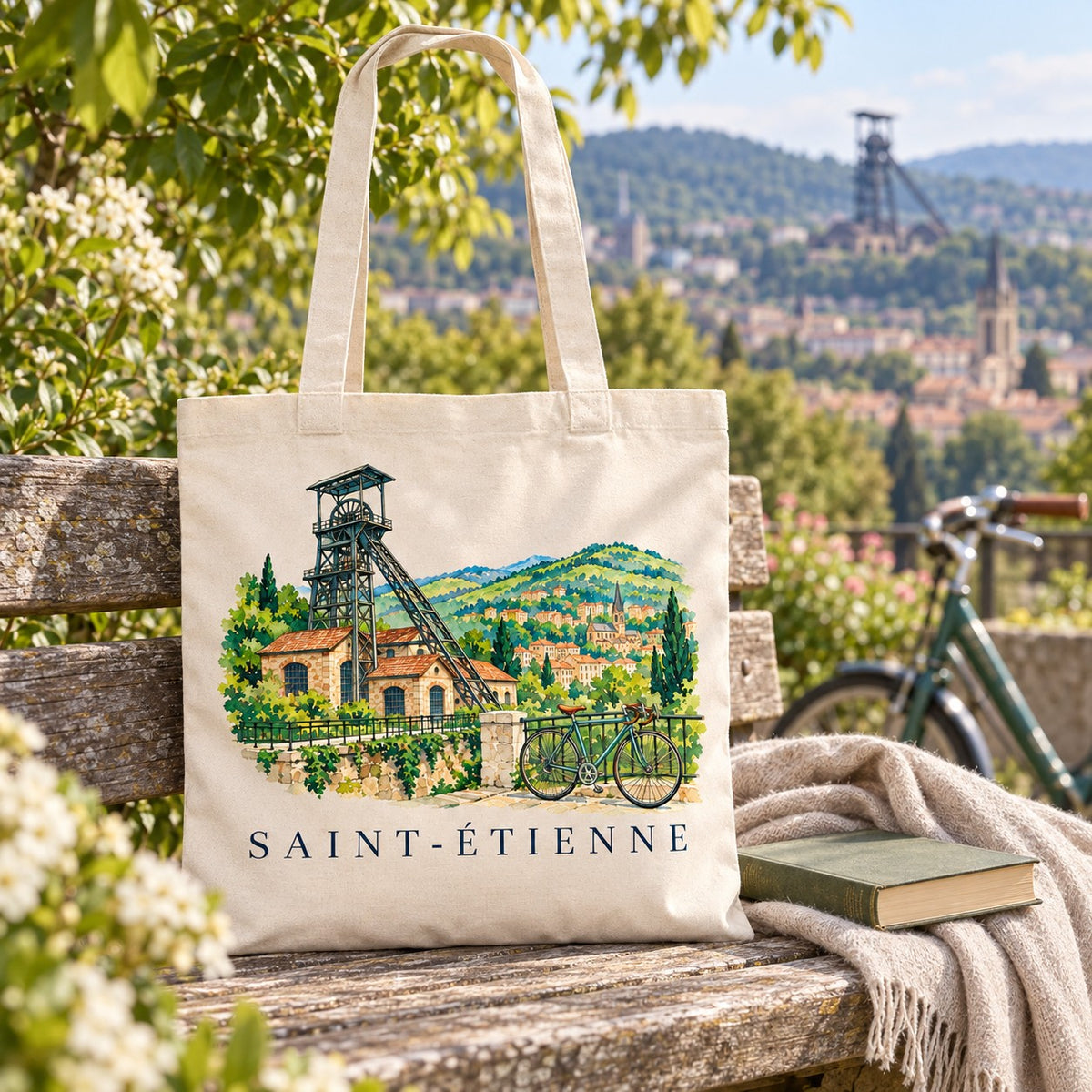 Tote bag Saint-Étienne Essentiel posé sur un banc près d'un vélo, avec un livre et un plaid