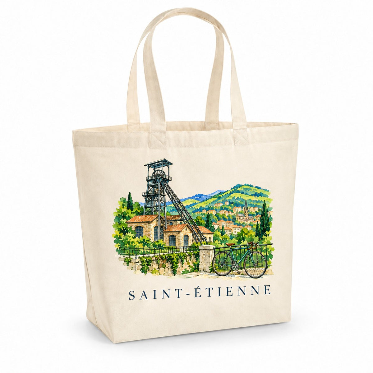 Tote bag Saint-Étienne Premium, cabas à soufflet en coton naturel 200 g/m² de 18 litres, illustration aquarelle du chevalement de mine, des collines et d'un vélo