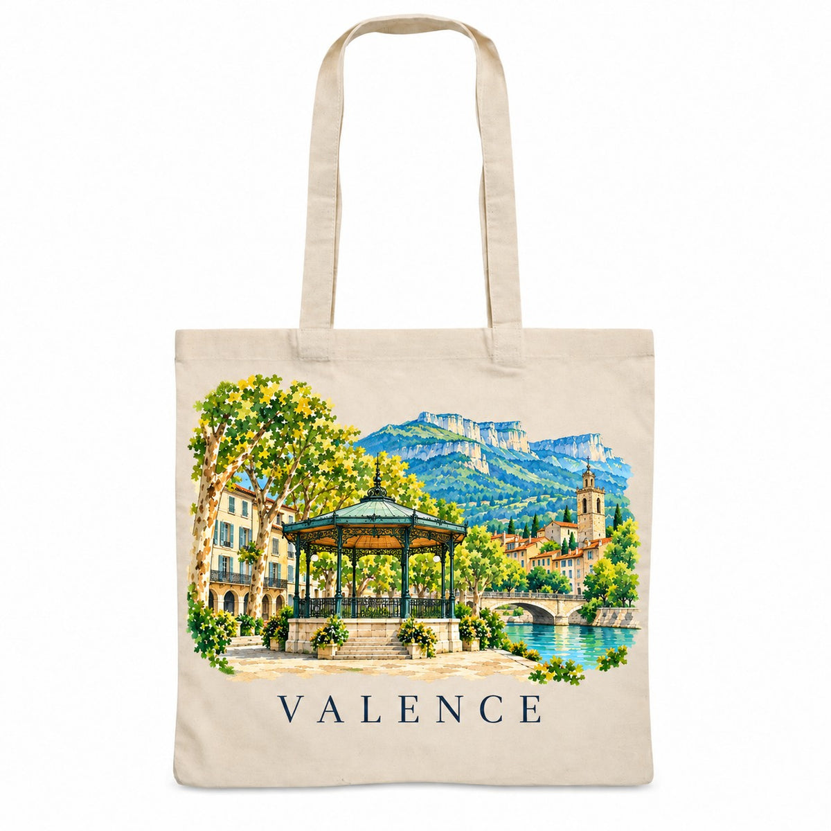 Tote bag Valence Essentiel, sac plat en coton naturel 140 g/m² de 38 × 42 cm, illustration aquarelle du kiosque à musique, de la ville et du Vercors