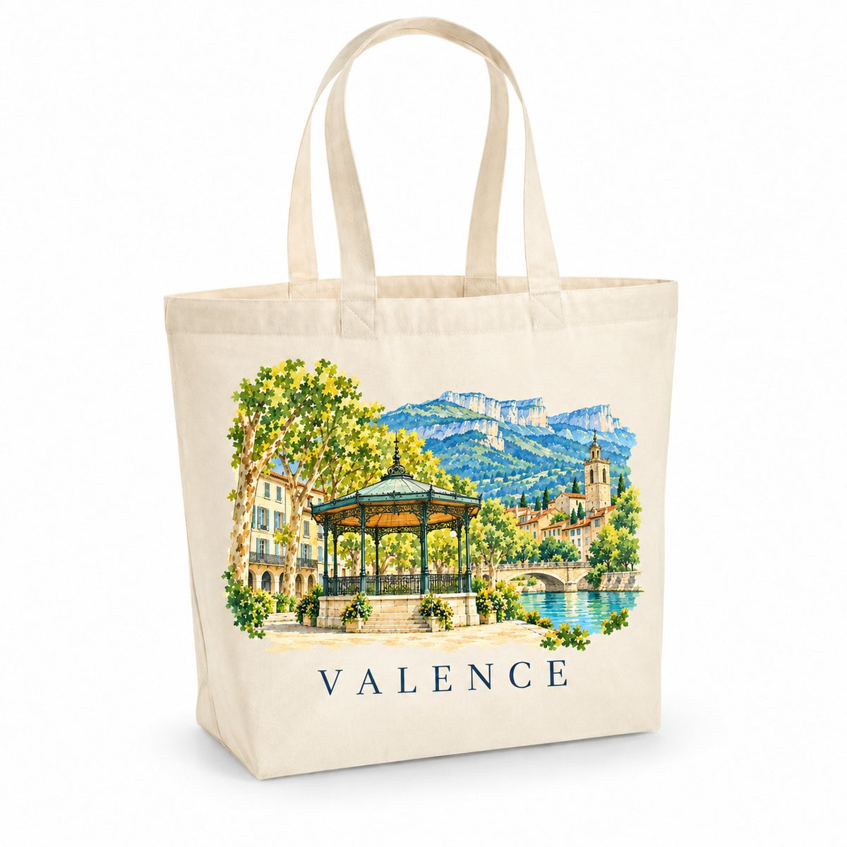 Tote bag Valence Premium, cabas à soufflet en coton naturel 200 g/m² de 18 litres, illustration aquarelle du kiosque à musique, de la ville et du Vercors