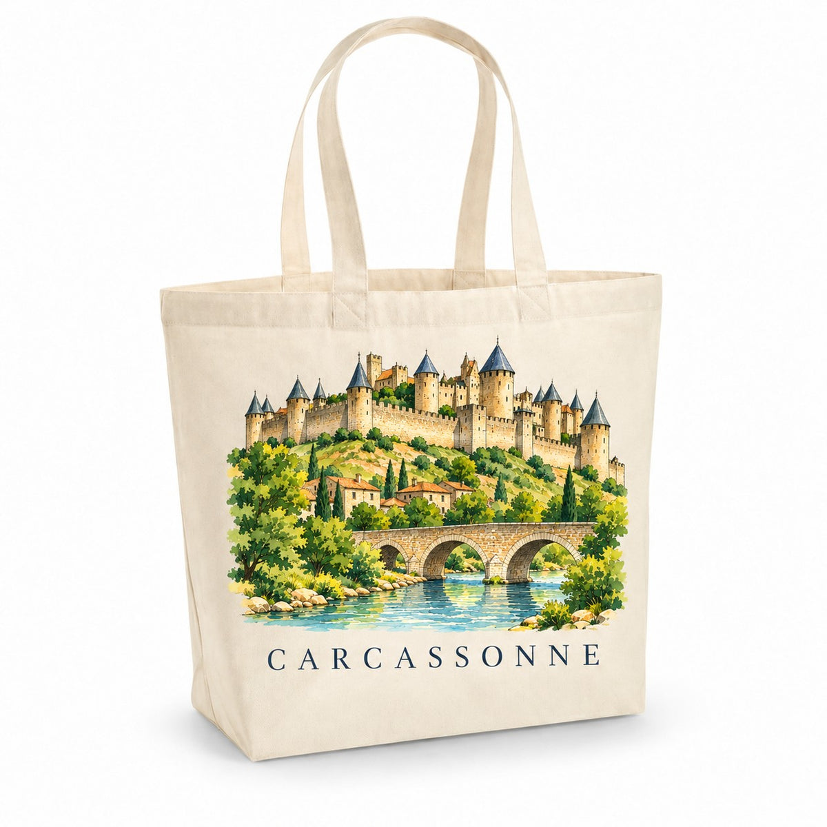 Tote bag Carcassonne Premium, cabas à soufflet en coton naturel 200 g/m² de 18 litres, illustration aquarelle de la Cité médiévale, de ses remparts et du Pont Vieux sur l'Aude