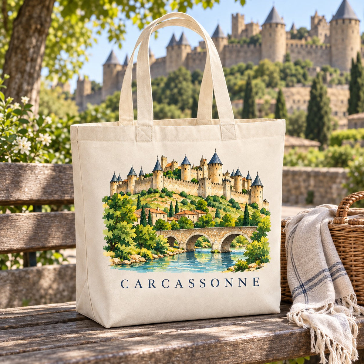 Tote bag Carcassonne Premium posé sur un banc face à la Cité médiévale, avec un panier et un plaid