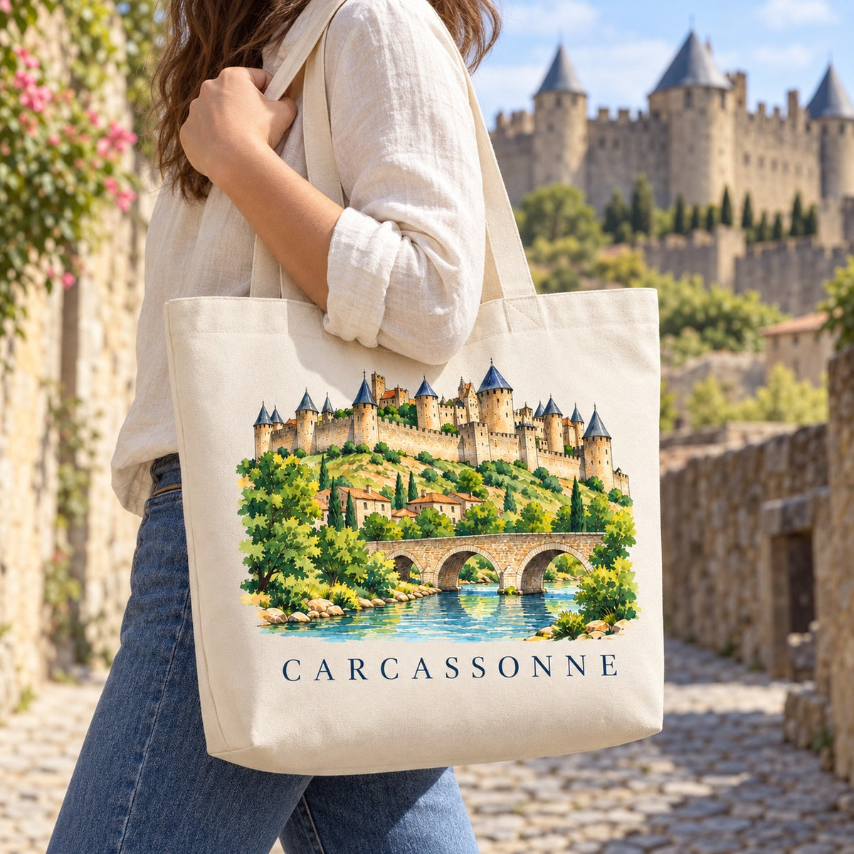 Tote bag Carcassonne Premium porté à l'épaule dans une ruelle pavée, remparts de la Cité en arrière-plan