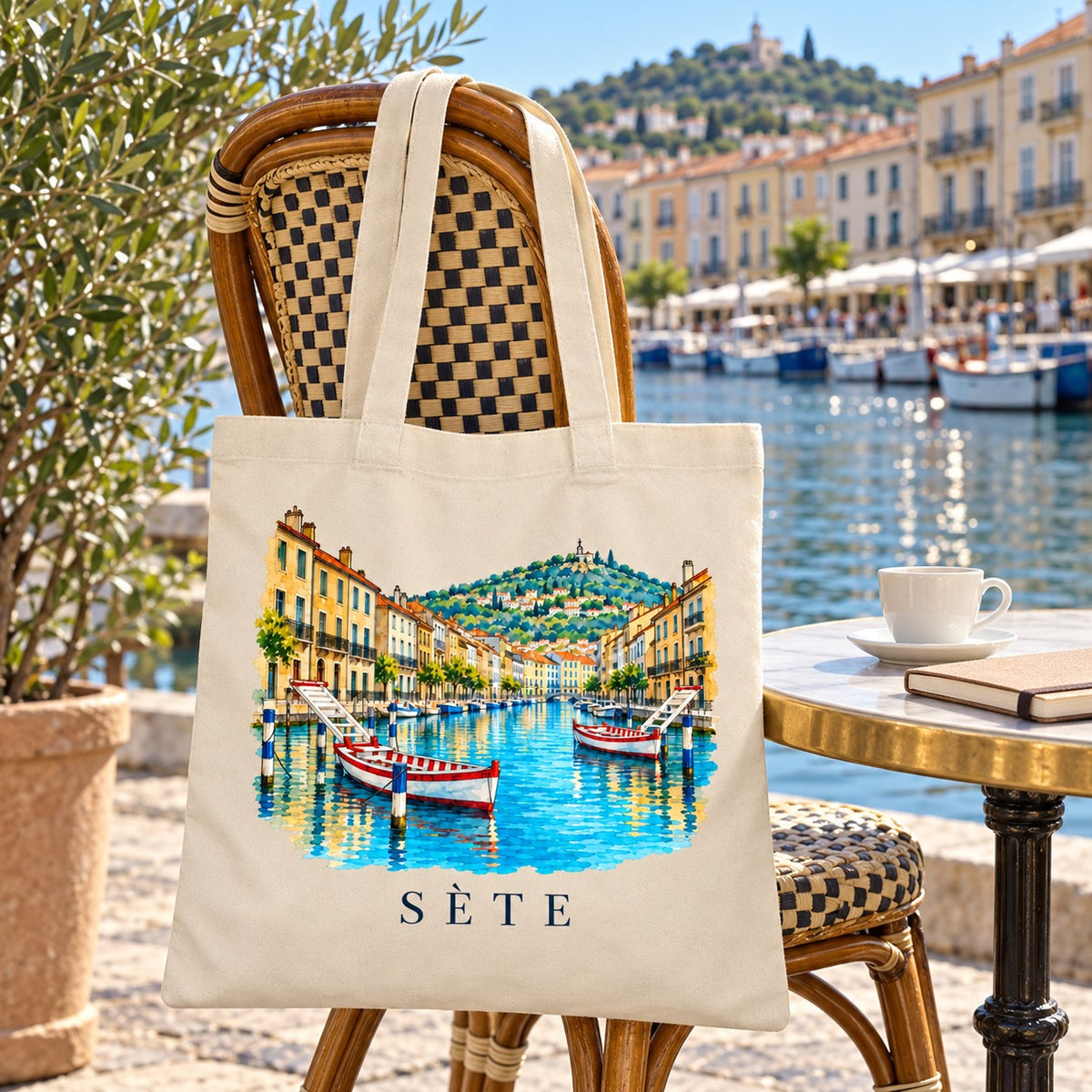 Tote bag Sète Essentiel suspendu à une chaise en terrasse face au canal, avec un café